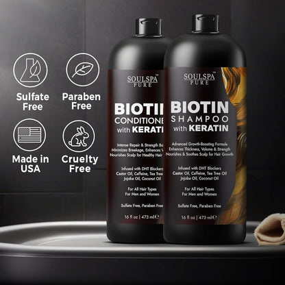 Biotin & Keratin Shampoo and Conditioner Set – Sulfate-Free, Advanced Hair Growth and Strengthening Formula – Infused with DHT Blockers to Reduce Thinning – Suitable for Men & Women – 16 fl. oz. Each