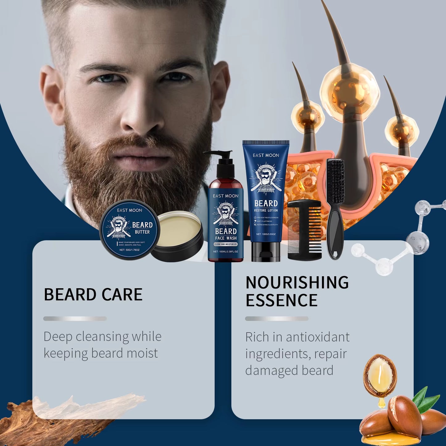 Beard Care Kit for Men Moustache Growth Oil Moisturizing Beard Cleaner anti Hair Loss Shampoo Hair Enhancement Kit Comb Gift Man