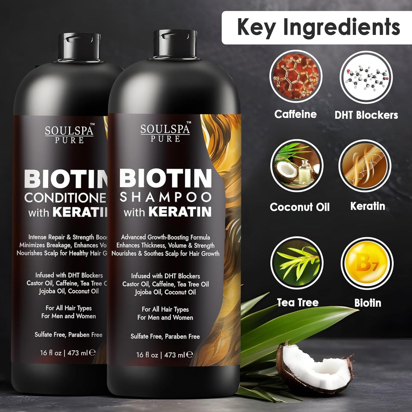 Biotin & Keratin Shampoo and Conditioner Set – Sulfate-Free, Advanced Hair Growth and Strengthening Formula – Infused with DHT Blockers to Reduce Thinning – Suitable for Men & Women – 16 fl. oz. Each